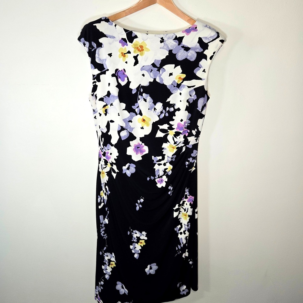 Lauren Ralph Lauren Sheath Dress Womens 14 Black Floral Ruched Sleeveless